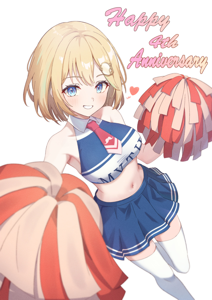 alternate_costume bare_shoulders blonde_hair blue_eyes blue_skirt blush breasts chahanramen cheerleader commentary_request crop_top female happy_anniversary highres holding holding_pom_poms hololive hololive_english large_breasts looking_at_viewer miniskirt monocle navel necktie pom_pom_(cheerleading) red_necktie short_hair simple_background skirt smile solo standing standing_on_one_leg stomach thighhighs watson_amelia white_background white_thighhighs