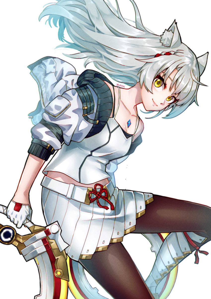 absurdres animal_ears brown_pantyhose camisole cat_ears chakram cowboy_shot female gloves half_gloves highres midriff_peek miniskirt mio_(xenoblade) pantyhose skirt solo spaghetti_strap weapon white_camisole white_gloves white_skirt xenoblade_chronicles_(series) xenoblade_chronicles_3 yellow_eyes you_nf