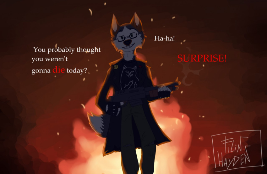 animal_humanoid anthro black_trenchcoat canid canid_humanoid canine canine_humanoid canis dialogue domestic_dog english_text eyewear fangs filin_hayden_(artist) fire fluffy fluffy_tail glasses gun humanoid logo_on_shirt male mammal mammal_humanoid postal_(series) ranged_weapon rectangular_glasses reference_to_character shotgun smile smiling_at_viewer solo tail teeth text threatening_viewer weapon