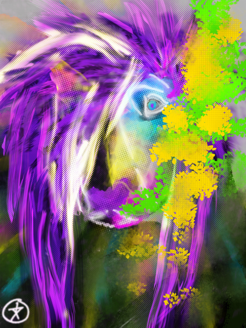 abstract_art abstract_background absurd_res ambiguous_gender anthro black_body black_fur blue_body blue_eyes blue_fur bull_terrier canid canine canis digital_media_(artwork) domestic_dog female fur hair hi_res hunting_dog looking_at_viewer magenta_fur mammal markings portrait psychedelic purple_hair purple_nose scene_haircut self_portrait slayter_(unmakeyourself) solo sparklefur terrier unmakeyourself_(artist) white_body white_fur yellow_body yellow_fur