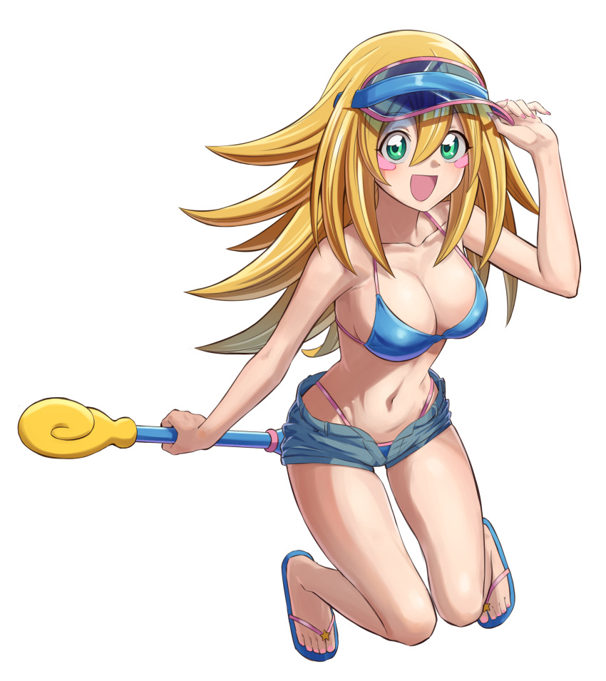 absurdres bikini blonde_hair blue_bikini blue_footwear blue_hat blush_stickers breasts cleavage commission dark_magician_girl duel_monster female green_eyes hand_on_own_hat hat highres holding holding_wand medium_breasts navel ogi_non sandals short_shorts shorts skeb_commission solo staff swimsuit visor_cap wand yu-gi-oh! yu-gi-oh!_duel_monsters