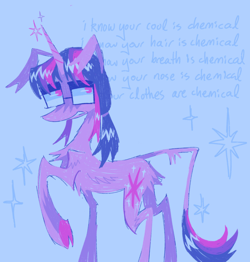 alternate_form alternate_hairstyle background_text equid equine eyewear female feral friendship_is_magic glasses hasbro hi_res hooves horn horse mammal my_little_pony mythological_creature mythological_equine mythology peaceandlove26 pink_hooves pony purple_body rectangular_glasses slim solo tail thin_tail twilight_sparkle_(mlp) unicorn