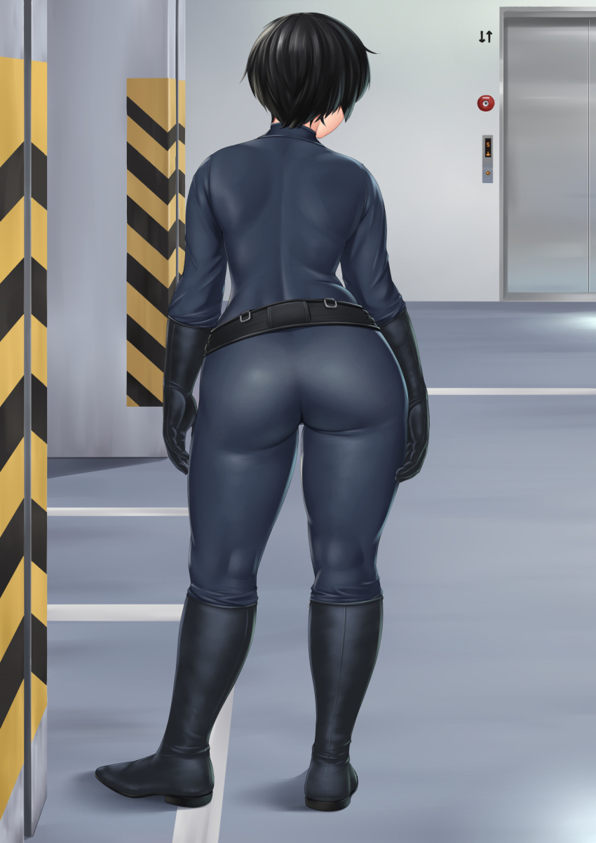 ass belt black_belt black_footwear black_gloves black_hair bodysuit boots commentary_request contrapposto elevator female from_behind full_body gloves highres indoors nemui333 original parking_garage short_hair skin_tight solo standing very_short_hair