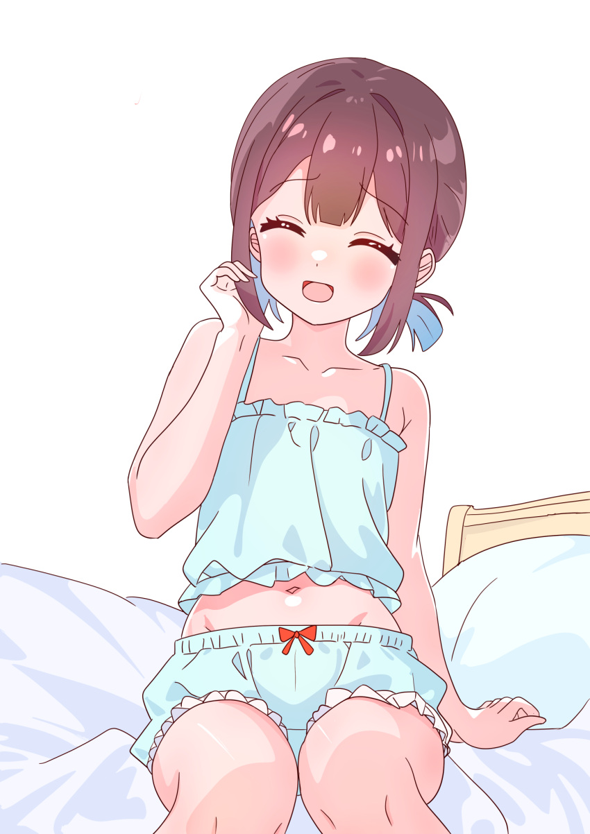 :d ^_^ babydoll bare_arms bare_legs bare_shoulders bloomers blue_babydoll blue_bloomers blue_hair blush brown_hair closed_eyes collarbone commentary facing_viewer female groin highres hozuki_momiji midriff multicolored_hair navel on_bed onii-chan_wa_oshimai! open_mouth pa_panahana short_hair short_ponytail sitting smile solo two-tone_hair underwear underwear_only