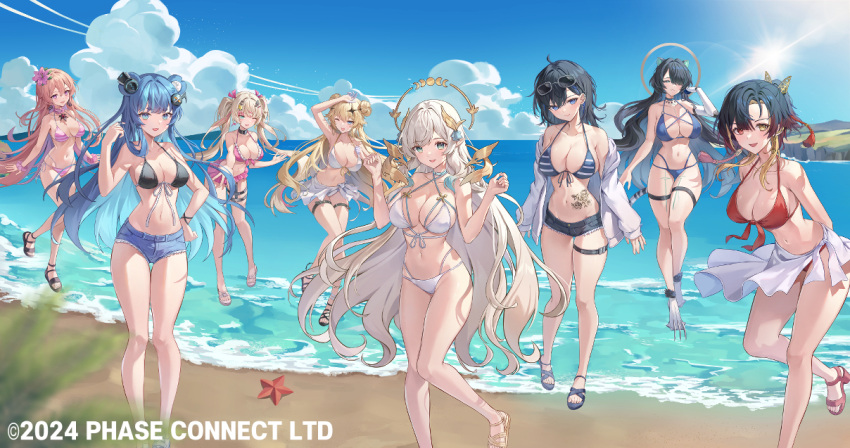 6+girls animal_ears aqua_eyes ayase_yuu bare_shoulders beach bear_ears bear_girl belt bikini black_bikini black_footwear black_hair blue_bikini blue_bow blue_eyes blue_hair blue_shorts bow breasts clawed_feet cloud collarbone colored_inner_hair copyright_notice erina_makina flower front-tie_bikini_top front-tie_top fujikura_uruka green_eyes greenapple hair_flower hair_ornament hair_over_one_eye hair_ribbon halo headphones heterochromia hikanari_hina kaneko_lumi kannagi_loki large_breasts long_hair mechanical_arms multicolored_hair multiple_girls musical_note musical_note_hair_ornament navel ocean official_art one_eye_closed orange_hair phase_connect pink_bikini pink_flower pink_ribbon pink_scrunchie purple_eyes red_bikini red_eyes red_footwear ribbon rinkou_ashelia runie_ruse sarong scrunchie short_shorts shorts single_mechanical_arm sky star_(symbol) star_hair_ornament starfish stomach_tattoo striped_bikini striped_clothes swimsuit tail tail_bow tail_ornament tattoo thigh_belt thigh_strap tiger_ears tiger_girl tiger_tail very_long_hair virtual_youtuber white_bikini white_sarong wing_hair_ornament wrist_scrunchie yellow_eyes