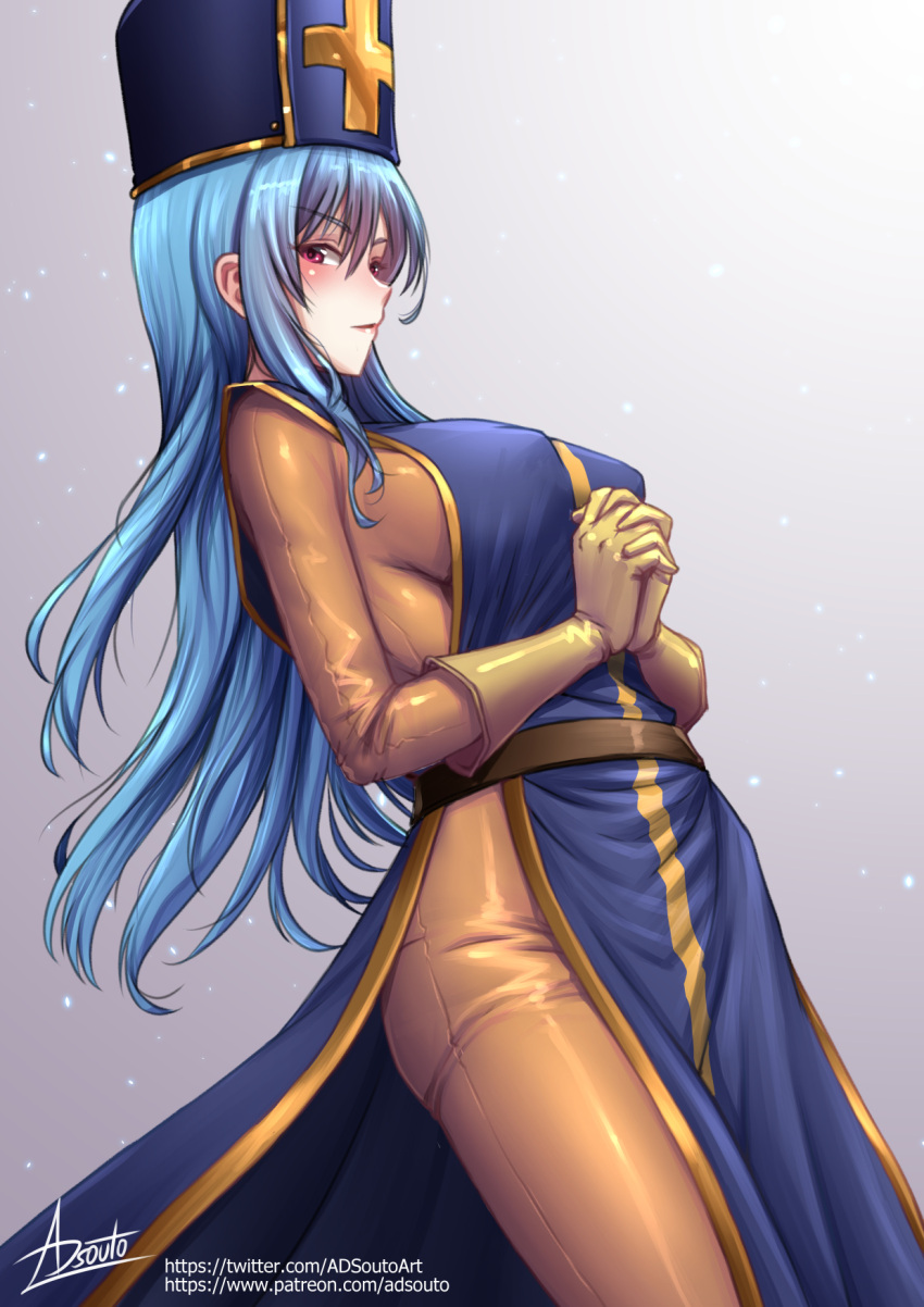 adsouto blue_hair blue_tabard bodysuit breasts dragon_quest dragon_quest_iii female gloves hat highres large_breasts long_hair looking_at_viewer mitre orange_bodysuit own_hands_clasped own_hands_together priest_(dq3) red_eyes signature solo standing tabard yellow_gloves