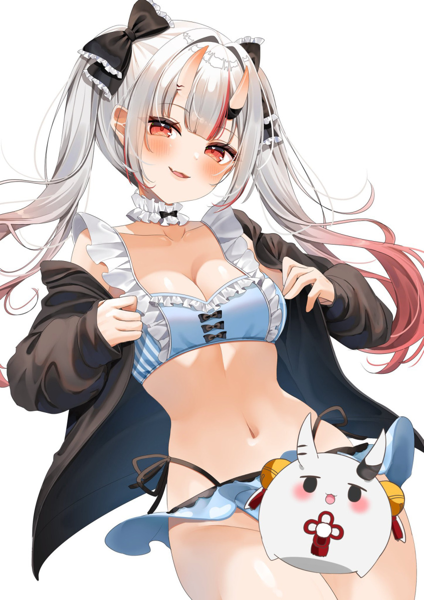 bikini blue_bikini blush breasts cleavage female highres hololive horns jacket looking_at_viewer medium_breasts nakiri_ayame nakiri_ayame_(hololive_summer_2019) navel official_alternate_costume ohagetty poyoyo_(nakiri_ayame) red_eyes simple_background skin-covered_horns smile solo swimsuit twintails virtual_youtuber white_background white_hair