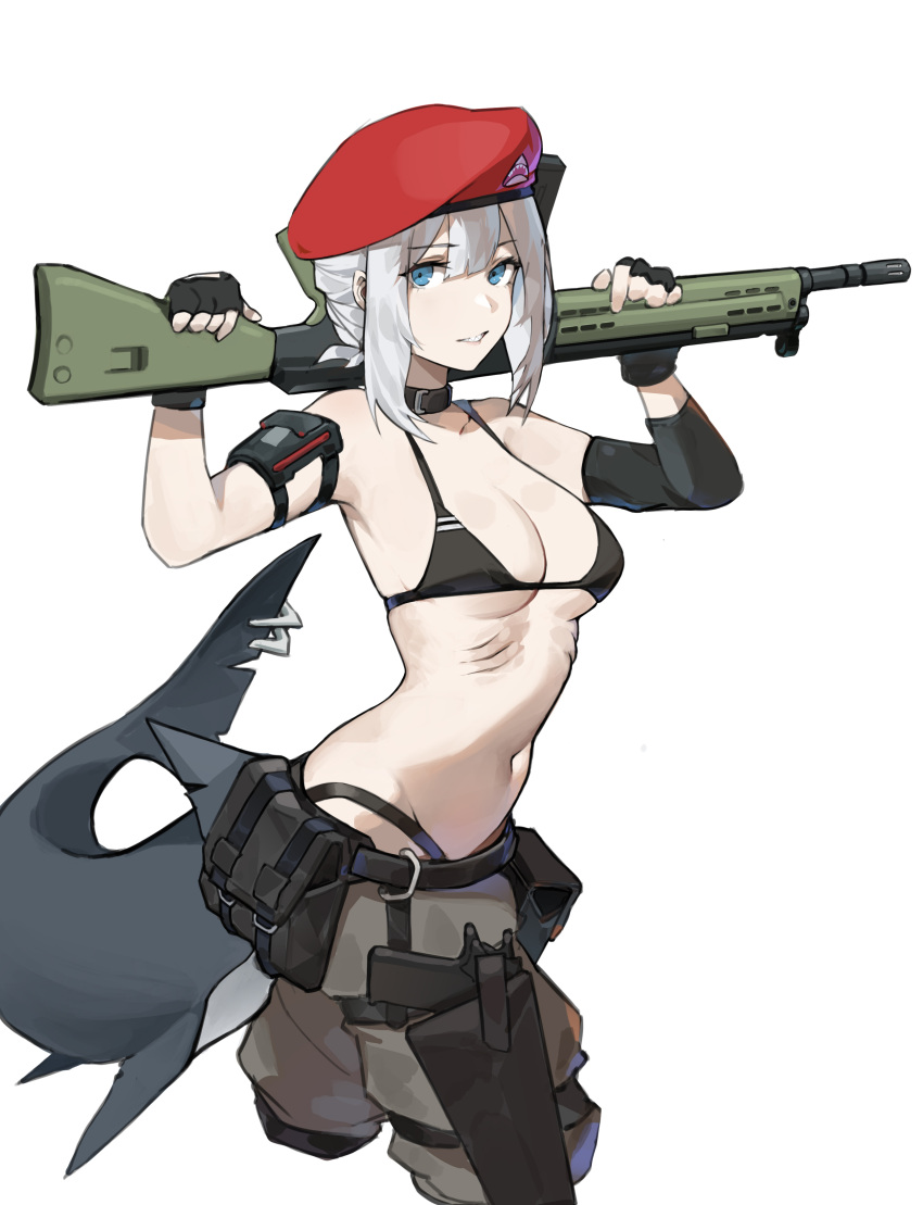 absurdres battle_rifle beret bikini bikini_top_only black_bikini black_collar black_gloves blue_eyes breasts cleavage collar commission coteri cropped_legs english_commentary female fingerless_gloves fins fish_tail gills gloves gun h&k_g3 handgun hat highleg highleg_panties highres holding holding_gun holding_weapon holster holstered looking_at_viewer original panties pants parted_lips pouch red_hat rifle second-party_source shark_girl shark_tail short_hair sidelocks simple_background solo swimsuit tail thigh_holster underwear weapon white_background white_hair