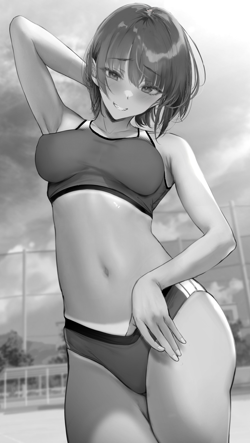 absurdres armpits arms_up bare_arms bare_shoulders blush breasts buruma cowboy_shot female gentsuki greyscale highres large_breasts looking_at_viewer monochrome navel original outdoors parted_lips short_hair smile solo sports_bra sportswear stomach thighs