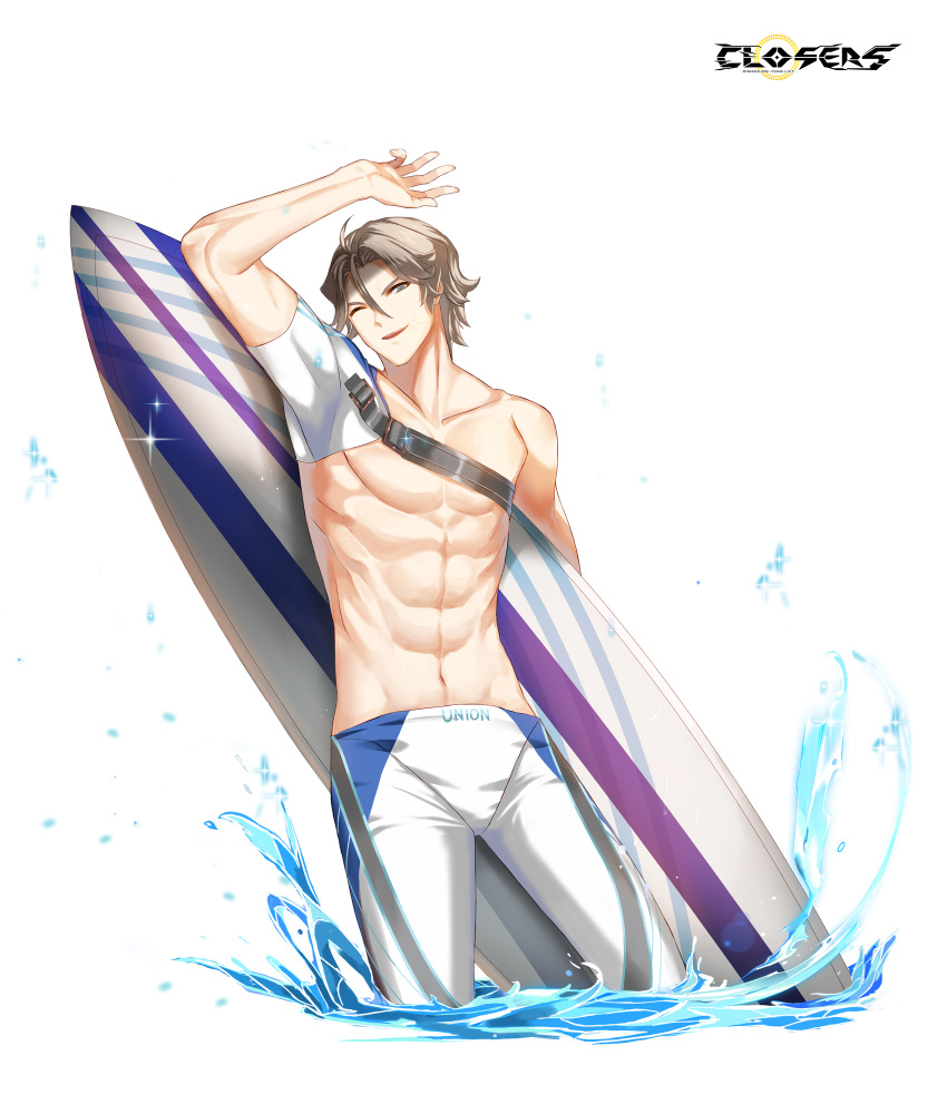 1boy ;d abs alternate_hair_color arm_up brown_hair closers collarbone copyright_name covered_armpit cowboy_shot detached_sleeves hand_up highres holding holding_surfboard j_(closers) legskin logo looking_at_viewer male_focus male_swimwear navel official_art one_eye_closed parted_bangs parted_lips pectorals short_hair short_sleeves single_bare_shoulder single_detached_sleeve smile solo surfboard toned toned_male topless_male variant_set wading water white_background white_male_swimwear white_sleeves