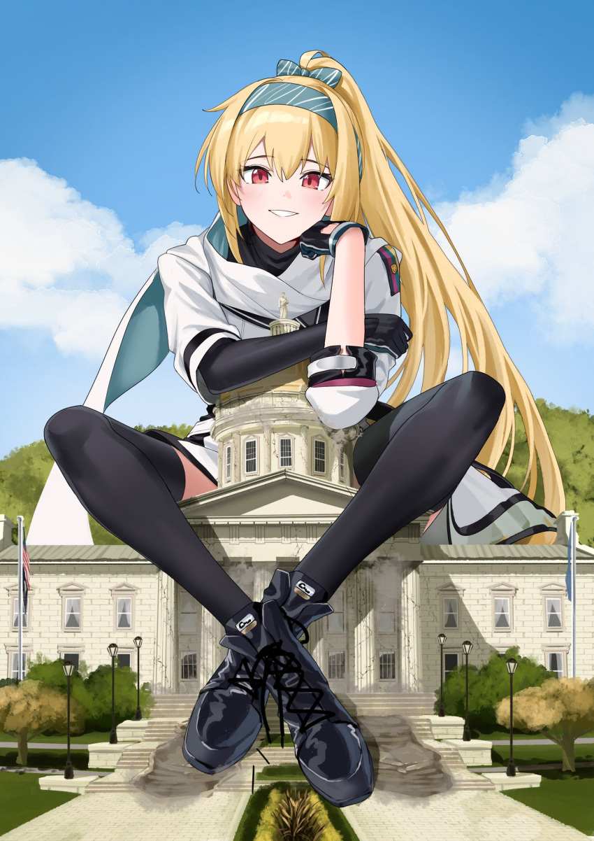 :d american_flag ankle_boots black_footwear black_gloves black_thighhighs blonde_hair blue_sky boots building cloud cross-laced_footwear day female flag flagpole giant giantess girls'_frontline gloves green_hairband green_scarf grin hair_between_eyes hairband head_rest highres is-8_shi_zhong_zhan_che jacket knees_apart_feet_together lace-up_boots lamppost long_hair looking_at_viewer outdoors plant red_eyes scarf sitting sky smile solo sv-98_(girls'_frontline) thighhighs tree two-sided_fabric two-sided_scarf white_jacket white_scarf window