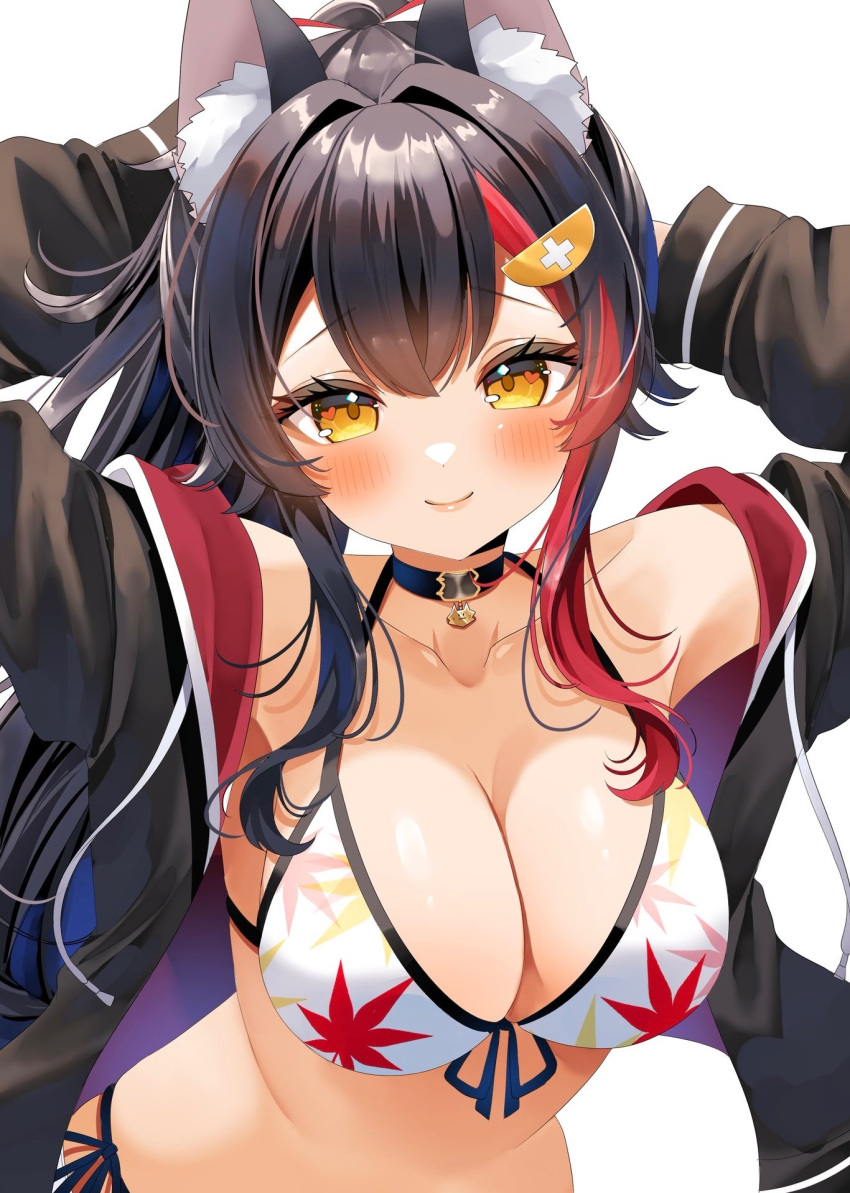 animal_ears bikini black_hair black_jacket blush breasts female front-tie_bikini_top front-tie_top heart heart_in_eye highres hololive jacket large_breasts leaf_print long_hair maple_leaf_print ohagetty ookami_mio ookami_mio_(hololive_summer_2019) ponytail side-tie_bikini_bottom smile swimsuit symbol_in_eye virtual_youtuber white_bikini wolf_ears