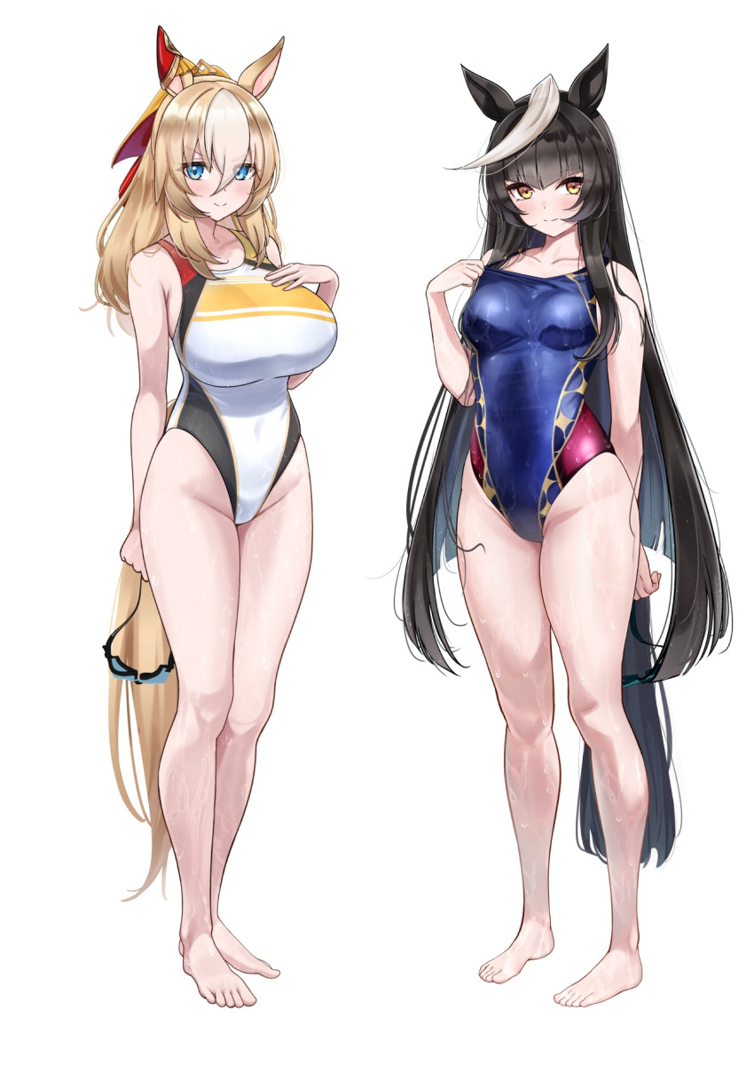 2girls animal_ears barefoot black_hair blonde_hair blue_eyes blue_one-piece_swimsuit breasts calstone_light_o_(umamusume) competition_swimsuit durandal_(umamusume) ear_covers full_body goggles herohero_(higashi_no_dou) highleg highleg_one-piece_swimsuit highres holding holding_goggles horse_ears horse_girl horse_tail long_hair multicolored_clothes multicolored_hair multicolored_swimsuit multiple_girls one-piece_swimsuit red_eyes single_ear_cover standing streaked_hair swimsuit tail umamusume unworn_goggles white_hair white_one-piece_swimsuit