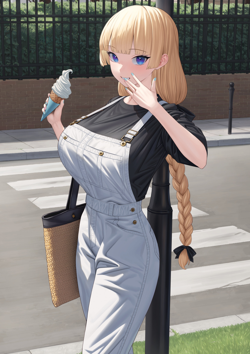 absurdres blonde_hair blue_eyes blush braid braided_ponytail breasts female food highres ice_cream large_breasts lina_(michihasu) long_hair looking_at_viewer michihasu original smile solo