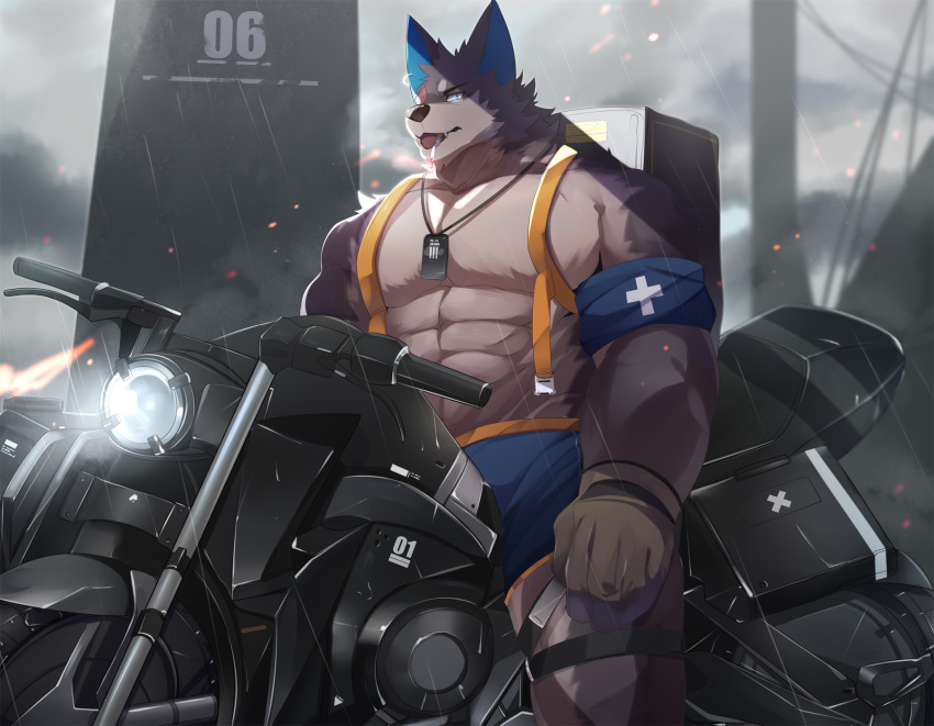 abs anthro armband backpack black_nose blue_eyes bottomwear canid canine canis cigarette clothed clothing cloud cloudy_(disambiguation) cute_fangs detailed_background dog_tags driving ear_piercing ear_ring fur gloves glowing glowing_eyes grey_body grey_fur handwear head_tuft hi_res japanese_text kemono looking_at_viewer male mammal motorcycle mouth_hold multicolored_body multicolored_fur muscular muscular_anthro muscular_male neck_tuft nekojita object_in_mouth open_mouth outside pecs piercing raining ring_piercing shorts sky smoking solo standing text tongue topless tuft two_tone_body two_tone_fur vehicle white_body white_fur wolf wolf_(nekojita)