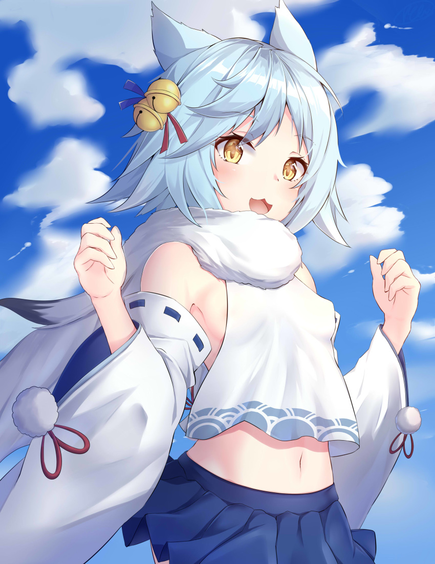 :3 :d absurdres animal_ears azur_lane bare_shoulders bell blue_hair blue_skirt blue_sky breasts cloud covered_nipples cowboy_shot crop_top crop_top_overhang day detached_sleeves female fubuki_(azur_lane) hair_ornament hands_up highres jingle_bell long_sleeves looking_at_viewer midriff miniskirt navel no_bra open_mouth pleated_skirt ponta_(velmar) scarf shirt short_hair skirt sky small_breasts smile solo white_shirt wide_sleeves yellow_eyes