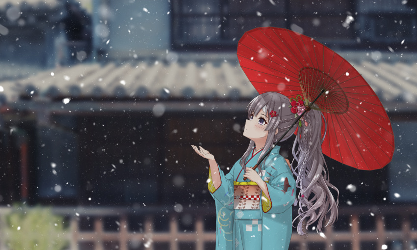 aqua_kimono bandaid bandaid_on_face bandaid_on_forehead blurry blurry_background blurry_foreground braid commentary_request female grey_hair hair_ornament hairclip high_ponytail idolmaster idolmaster_shiny_colors japanese_clothes kimono long_hair looking_up obi oil-paper_umbrella outdoors purple_eyes sash snow solo suke_(momijigari) umbrella wide_shot wide_sleeves yukoku_kiriko