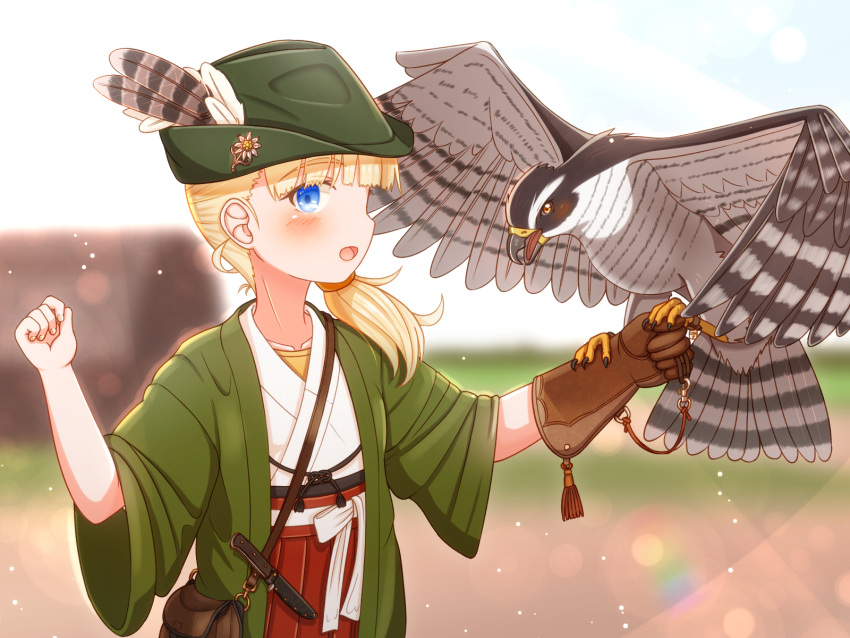 animal_on_arm bird bird_on_arm blonde_hair blue_eyes blunt_bangs brown_gloves falcon falconry female gloves green_hat hair_ornament hakama hakama_skirt hat highres japanese_clothes kantai_collection long_hair red_hakama shin'you_(kancolle) side_ponytail single_glove skirt solo suzushiro_(gripen39) tyrolean_hat upper_body