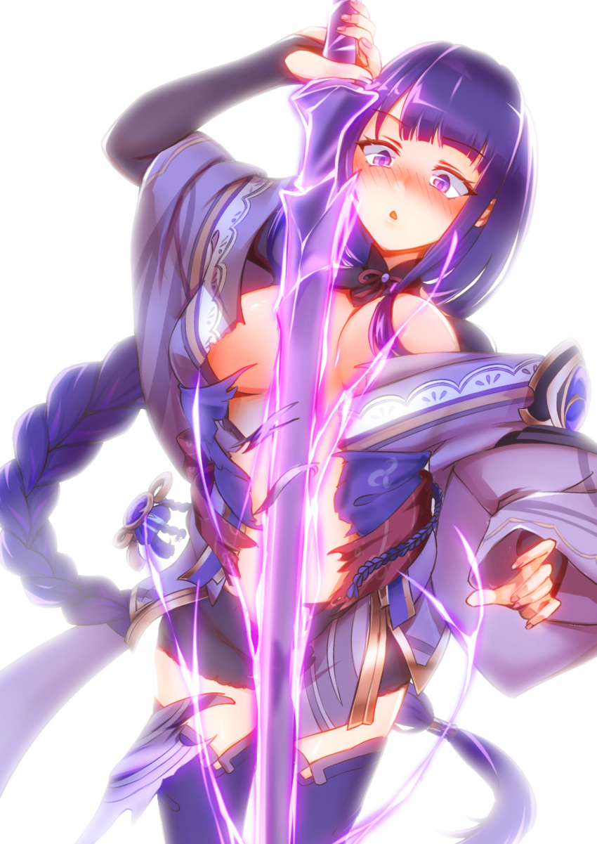 absurdres armor blush braid breasts bridal_gauntlets commentary_request electricity energy_sword fall4592 female genshin_impact highres holding holding_sword holding_weapon japanese_clothes katana kimono large_breasts long_hair long_sleeves musou_isshin_(genshin_impact) open_mouth purple_eyes purple_hair purple_nails raiden_shogun ribbon sash shoulder_armor simple_background solo sword thighhighs torn_clothes weapon white_background wide_sleeves