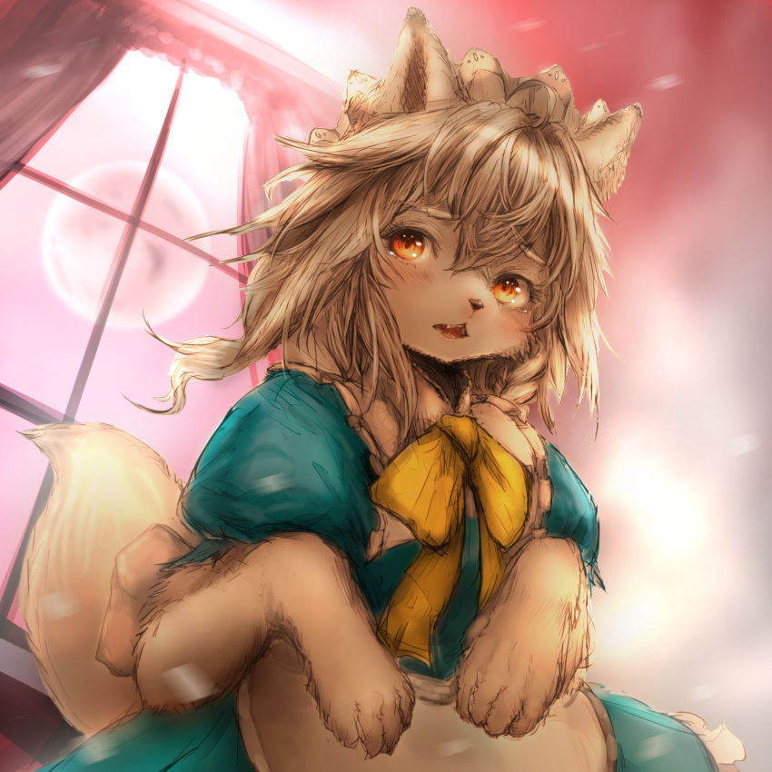 alternate_species anthro apron blush brown_body brown_fur brown_hair canid canine canis clothed clothing domestic_dog dress female full_moon fur furrification hair hawthorn hi_res kemono mammal moon open_mouth sakuya_izayoi solo touhou window yellow_bow