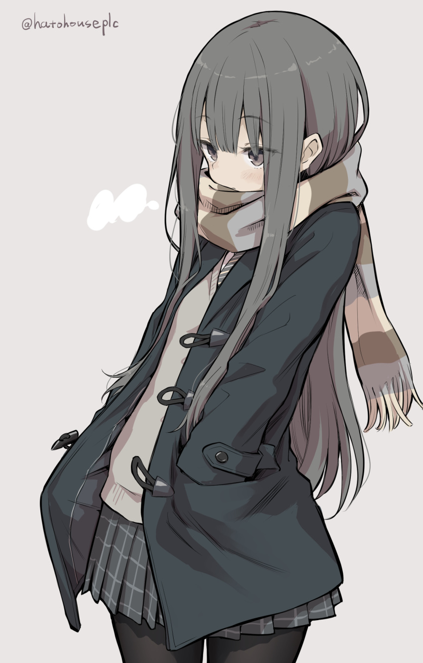 absurdres blunt_bangs breath cardigan female grey_eyes hands_in_pockets hatohouseplc highres long_hair necktie original pantyhose pleated_skirt scarf school_uniform signature simple_background skirt solo striped_clothes striped_scarf sweater_vest