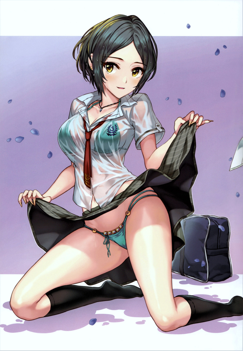 absurdres bag bikini bikini_under_clothes black_socks blue_bikini blue_hair blush border breasts cleavage clothes_lift collarbone dark_blue_hair feet female grey_skirt hamahama hayami_kanade highres hip_focus idolmaster idolmaster_cinderella_girls kneehighs kneeling large_breasts legs lifting_own_clothes looking_to_the_side multi-strapped_bikini_bottom multi-strapped_bikini_top navel necktie open_mouth parted_bangs pleated_skirt purple_background red_necktie scan school_bag school_uniform see-through shirt short_hair short_sleeves simple_background skirt skirt_lift smile socks solo swimsuit thighs uniform wet wet_clothes white_border white_shirt yellow_eyes