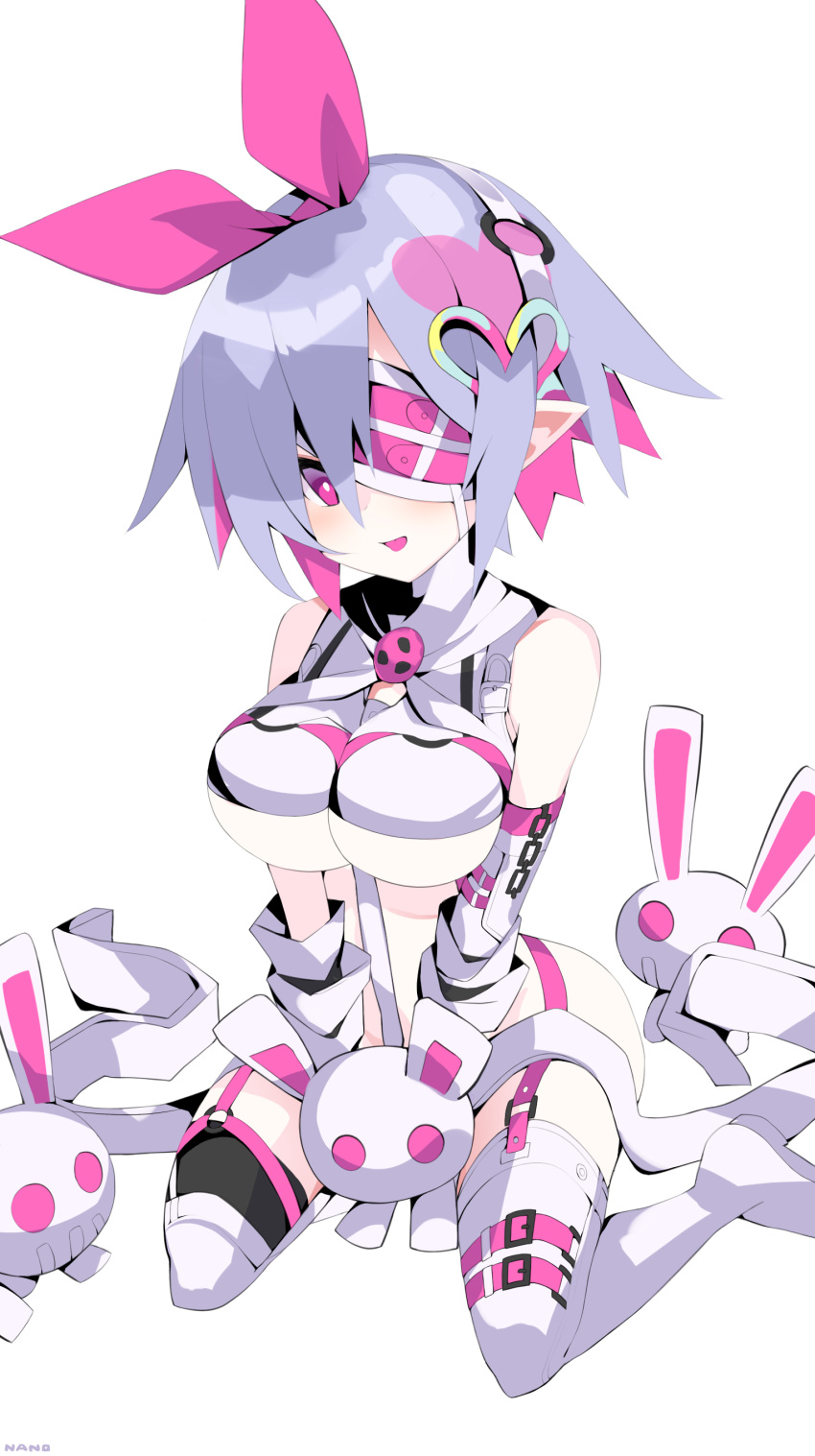 absurdres alternate_costume bondage_outfit boots breasts commentary cosplay disgaea dohna_dohna_issho_ni_warui_koto_o_shiyou female full_body highres large_breasts looking_at_viewer makai_senki_disgaea nanozenzen pink_hair pleinair pointy_ears porno_(dohna_dohna) porno_(dohna_dohna)_(cosplay) revealing_clothes ribbon short_hair simple_background sitting solo thigh_boots thigh_strap usagi-san wariza white_background white_footwear