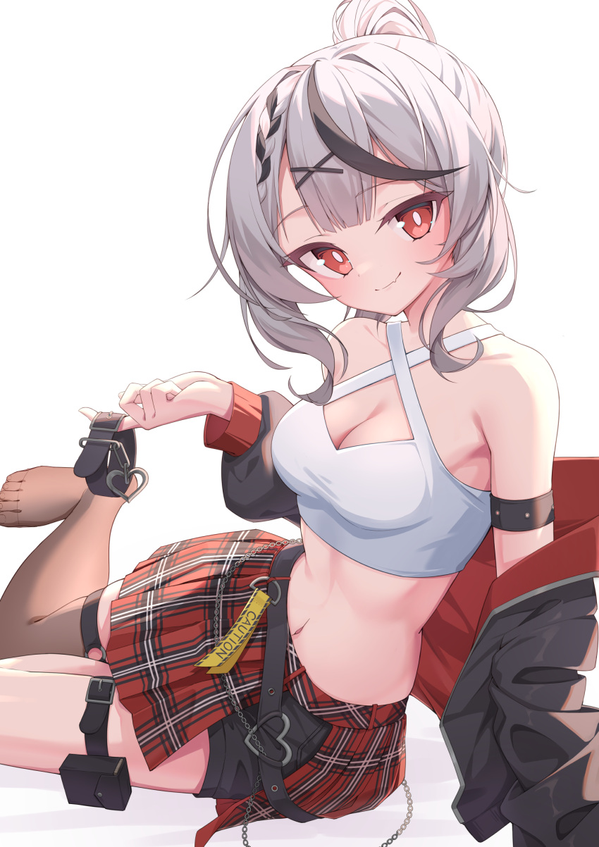 bare_shoulders black_hair black_jacket braid breasts brown_thighhighs cleavage collar crop_top female grey_hair highres holding holding_collar hololive jacket long_hair long_sleeves looking_at_viewer medium_breasts midriff multicolored_hair navel no_shoes open_clothes open_jacket plaid plaid_skirt ponytail puffy_long_sleeves puffy_sleeves quarterlift red_eyes red_skirt sakamata_chloe sakamata_chloe_(1st_costume) shirt simple_background single_thighhigh sitting skirt smile solo streaked_hair thigh_strap thighhighs unworn_collar virtual_youtuber white_background white_shirt