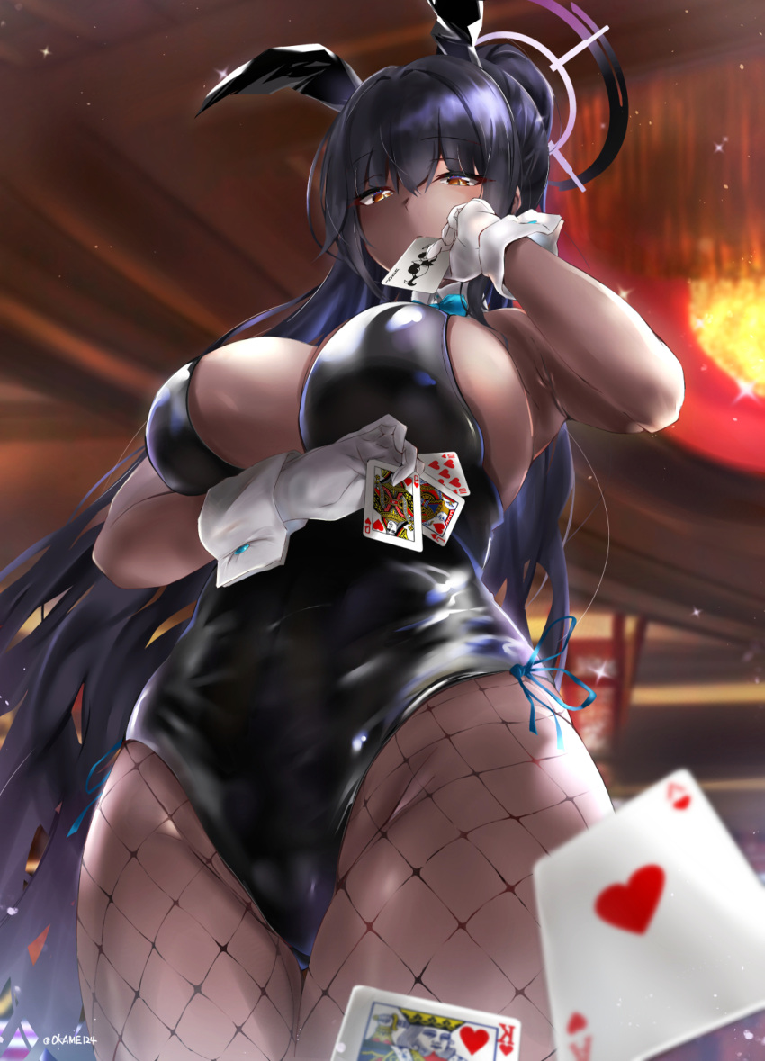 ace_(playing_card) ace_of_hearts animal_ears arm_under_breasts black_hair black_leotard blue_archive blue_bow bow breasts card card_in_mouth dark-skinned_female dark_skin detached_collar fake_animal_ears female fishnet_pantyhose fishnets gloves gradient_hair halo heart highres holding holding_card jack_(playing_card) jack_of_hearts joker_(playing_card) karin_(blue_archive) karin_(bunny)_(blue_archive) king_(playing_card) king_of_hearts_(playing_card) large_breasts leotard long_hair looking_at_viewer mouth_hold multicolored_hair official_alternate_costume okame._(okame124) pantyhose playboy_bunny playing_card ponytail purple_hair queen_(playing_card) queen_of_hearts_(playing_card) rabbit_ears sideboob solo strapless strapless_leotard white_gloves white_wrist_cuffs wrist_cuffs yellow_eyes