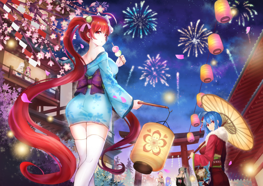 6+girls absurdly_long_hair absurdres aerial_fireworks ahoge alternate_costume architecture azur_lane belfast_(azur_lane) blue_eyes blue_hair blunt_bangs breasts building candy_apple cherry_blossoms cleavage commentary_request dango detached_sleeves east_asian_architecture english_commentary festival fireworks food formidable_(azur_lane) from_behind from_below grey_hair hair_between_eyes hair_ornament hair_ribbon hairband hanging_lantern highres holding holding_food holding_lantern holding_umbrella honolulu_(among_the_stalls)_(azur_lane) honolulu_(azur_lane) hugging_doll hugging_object japanese_clothes kimono lantern long_hair long_sleeves looking_at_viewer low_ponytail maid maid_headdress mixed-language_commentary multiple_girls night night_sky official_alternate_costume oil-paper_umbrella one_side_up paper_lantern petals ponytail purple_eyes purple_hair red_eyes red_hair ribbon sakuramon sanshoku_dango short_hair sidelocks sirius_(azur_lane) sky st._louis_(azur_lane) st._louis_(spirits_in_the_snow)_(azur_lane) star_(sky) starry_sky stuffed_animal stuffed_toy stuffed_winged_unicorn suffolk_(azur_lane) thighhighs torii twintails umbrella unicorn_(azur_lane) very_long_hair w-verne wagashi white_hair white_thighhighs wide_sleeves yukata zettai_ryouiki