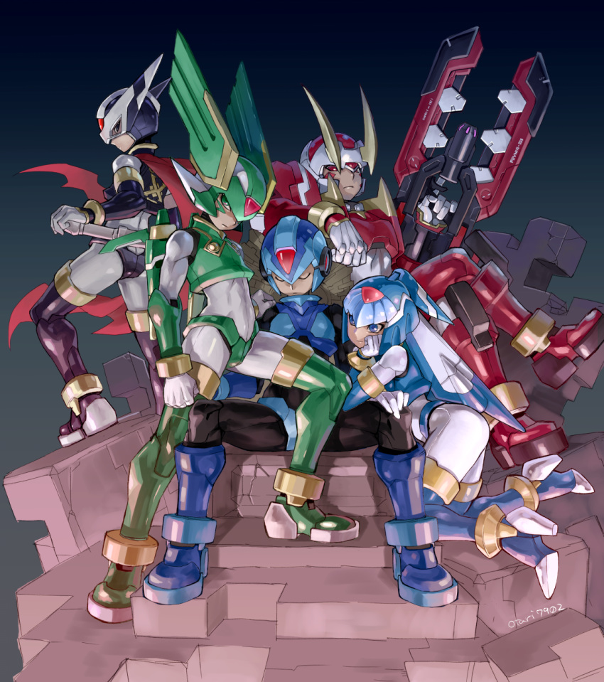 4boys android arm_cannon armor artificial_eye ass black_armor black_eyes blue_armor blue_eyes cannon closed_eyes commentary_request copy_x_(mega_man) crop_top facial_mark facial_tattoo fairy_leviathan_(mega_man) fake_horns female fighting_fefnir_(mega_man) fins forehead forehead_jewel gem gloves green_armor green_eyes gun head_fins head_wings helmet hidden_phantom_(mega_man) high_heels highres horned_headwear horned_helmet horns indesign mask mechanical_arms mechanical_ears mechanical_eye mechanical_hands mechanical_horns mechanical_legs mechanical_wings mega_man_(series) mega_man_zero_(series) mega_man_zero_1 mouth_mask multiple_boys ninja ninja_mask ninjatou red_armor red_eyes red_gemstone revision robot sage_harpuia_(mega_man) serious sheath sheathed short_sword simple_background smile sword tattoo throne weapon wings x_(mega_man)