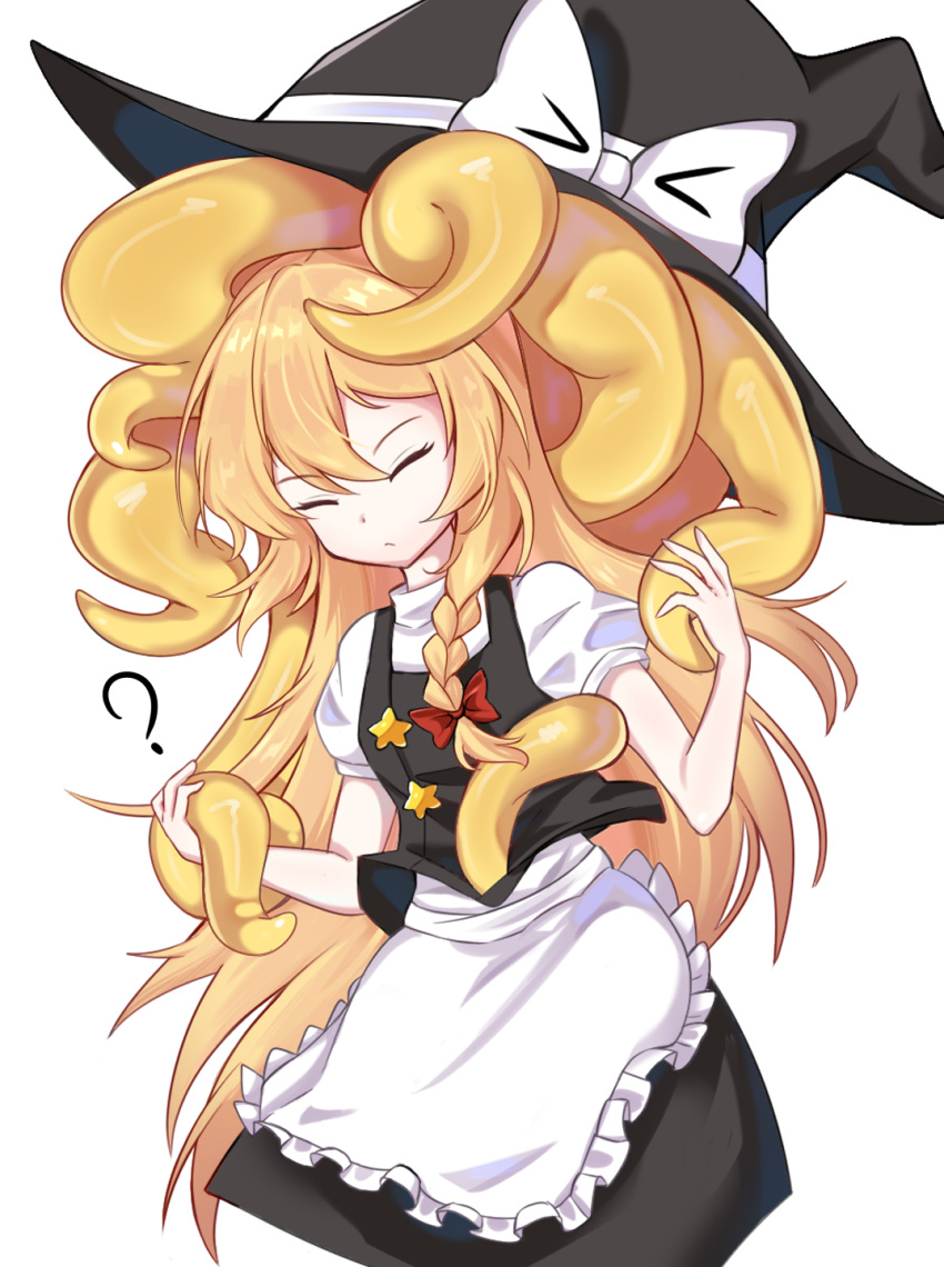 >_< ? apron black_headwear black_skirt black_vest blonde_hair bow braid closed_eyes closed_mouth commentary_request cookie_(touhou) expressionless feet_out_of_frame female frilled_apron frills hat hat_bow highres inabahitomi kirisame_marisa living_clothes long_hair puffy_short_sleeves puffy_sleeves red_bow shirt short_sleeves side_braid simple_background single_braid skirt star_(symbol) suzu_(cookie) tentacle tentacle_clothes touhou vest waist_apron white_apron white_background white_shirt witch_hat