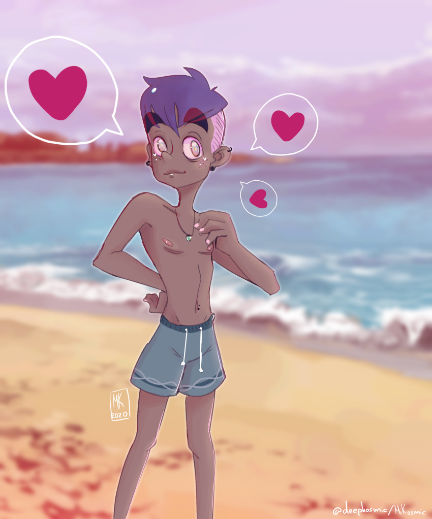 1cuntboy areolae beach cuntboy cuntboy_only deepkosmic_(artist) ftm heart mastectomy_scars outdoors piercing purple_hair short_hair swimshorts topless water waves