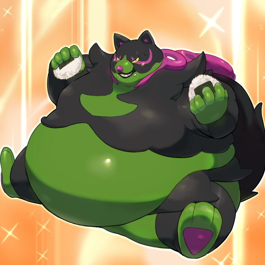 1:1 3_toes 5_fingers absurd_res anthro belly big_belly black_body black_fur black_lips bodily_fluids canid canine feet fingers food fur generation_9_pokemon green_belly green_body green_fur hi_res holding_food holding_object huge_belly hyper hyper_belly legendary_pokemon lips looking_at_viewer male mammal marcoisky morbidly_obese morbidly_obese_anthro morbidly_obese_male multicolored_body multicolored_fur nintendo obese obese_anthro obese_male okidogi onigiri overweight overweight_anthro overweight_male pawpads pink_nose pink_pawpads pokemon pokemon_(species) rice sitting solo sweat sweatdrop toes two_tone_body two_tone_fur yellow_sclera