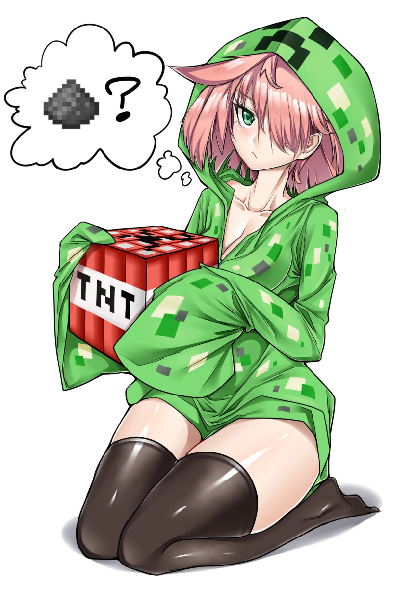 :/ ? black_thighhighs breasts cleavage collarbone commentary creeparka creeper english_commentary examon_(sigemaultraexa) explosive female green_eyes green_hoodie gunpowder hair_over_one_eye highres hood hood_up hoodie long_sleeves looking_at_viewer medium_hair minecraft personification pink_hair seiza shiny_skin simple_background sitting sleeves_past_fingers sleeves_past_wrists solo thighhighs thought_bubble tnt tsurime white_background