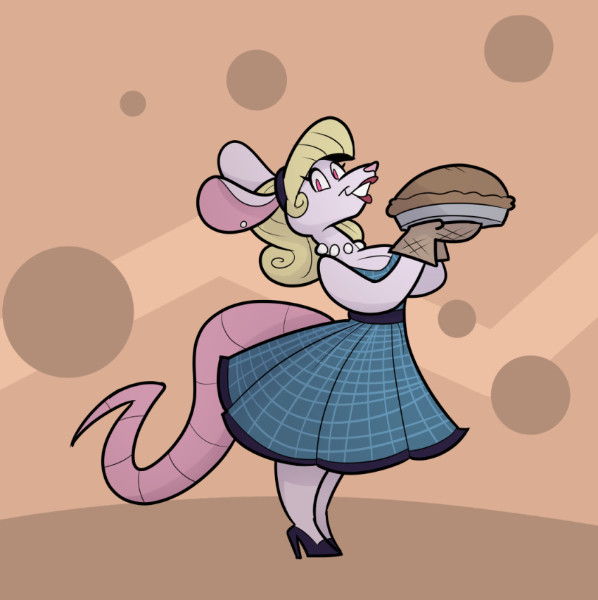 anthro blonde_hair clothing dessert dress female food footwear gem hair handwear high_heels housewife jewelry mammal murid murine necklace oven_mitts pastry pearl_(gem) pearl_necklace pie rat rodent rusheloc shoes smile smiling_at_viewer solo tail thick_tail