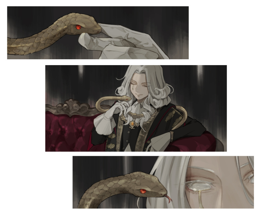 1boy bad_id bad_pixiv_id closed_eyes couch formal gloves identity_v indoors joseph_desaulniers joseph_desaulniers_(judge) kouri_(kyorosuukeeeeeee) long_hair long_sleeves male_focus red_eyes snake solid_eyes tongue tongue_out white_eyes white_gloves white_hair