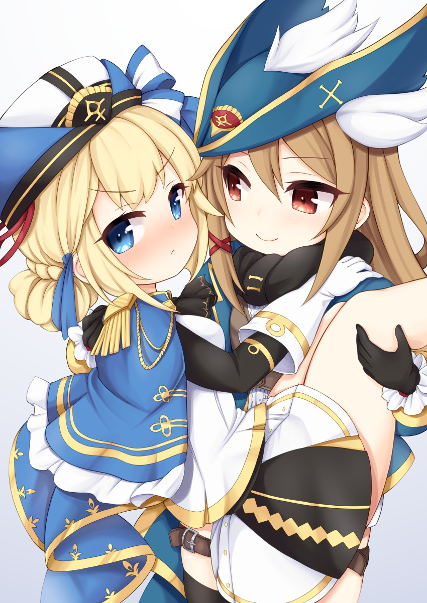 2girls absurdres azur_lane black_gloves black_scarf black_sleeves blonde_hair blue_cape blue_eyes blue_headwear blue_jacket blush cape carrying coat epaulettes gloves hair_ornament hardy_(azur_lane) highres hunter_(azur_lane) jacket kinomiki_nobori light_brown_hair looking_at_another looking_at_viewer multiple_girls princess_carry red_eyes scarf shirt skirt smile thigh_strap thighs trench_coat white_gloves white_shirt winged_hat