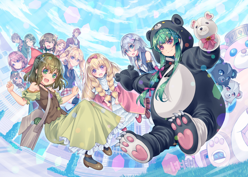 2boys 6+girls :d :o animal_costume animal_ears animal_hood bag bear bear_costume blonde_hair blue_sky bow brown_hair character_request closed_eyes cosplay day dress fina_(kuma_kuma_kuma_bear) green_dress green_hair hair_ornament hair_ribbon hairbow hand_puppet handbag harusame_yuuki highres hood hood_up kigurumi kuma_kuma_kuma_bear kumakyuu_(kuma_kuma_kuma_bear) kumayuru_(kuma_kuma_kuma_bear) long_hair long_sleeves looking_at_viewer misaana_farrengram multiple_boys multiple_girls noire_foschurose open_mouth pink_dress puppet red_bow ribbon shia_foschurose shuri_(kuma_kuma_kuma_bear) sky smile stuffed_animal stuffed_toy teddy_bear x_hair_ornament yuna_(kuma_kuma_kuma_bear)