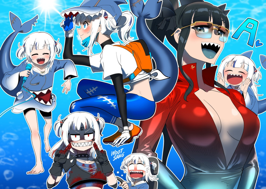 artemis_of_the_blue atelier_live barefoot baseball_cap black_eyes black_hair blood blood_on_clothes blood_on_face blood_stain blue_eyes blue_hair blue_tongue blunt_bangs blush breasts cleavage collar colored_tongue commentary english_commentary female_protagonist_(pokemon_go) fingerless_gloves fins fish_tail gawr_gura gawr_gura_(1st_costume) gloves hat hololive hololive_english hood hoodie long_hair mask microphone multicolored_hair open_mouth pokemon pokemon_go ponytail shark_fin shark_girl shark_tail sharp_teeth smile spiked_collar spikes streaked_hair tail tears teeth virtual_youtuber white_hair wootsang