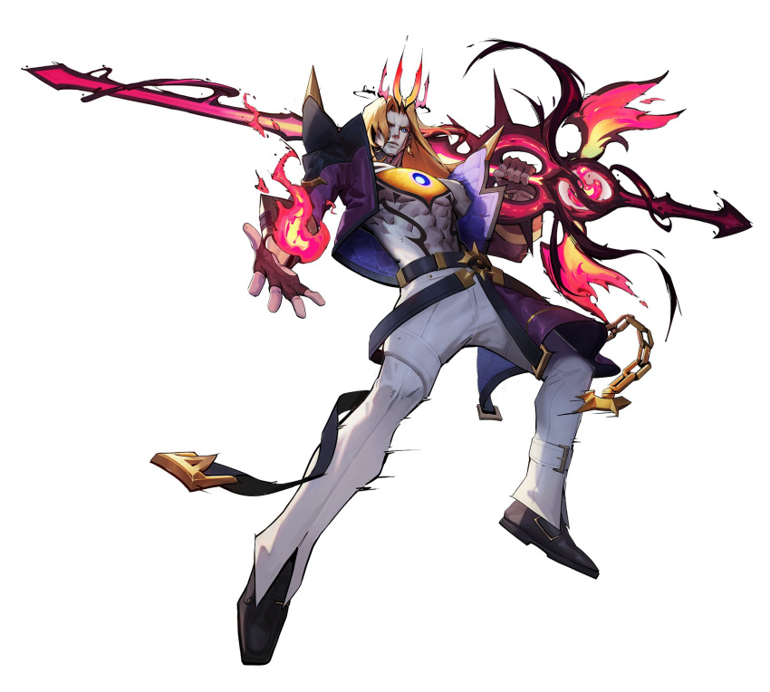 1boy abs belt black_belt black_footwear blonde_hair blue_eyes brown_gloves closed_mouth crown earrings fingerless_gloves fire full_body gloves highres holding holding_weapon jacket jewelry league_of_legends long_hair looking_at_viewer male_focus muscular muscular_male official_alternate_costume official_art pants purple_jacket simple_background solo soul_fighter_(league_of_legends) soul_fighter_viego standing sword third_eye third_eye_on_chest viego_(league_of_legends) weapon white_background white_pants