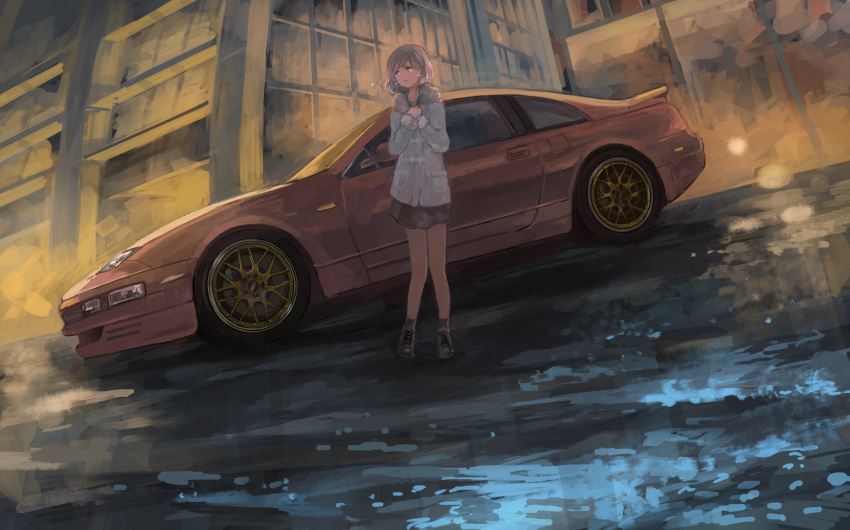 black_footwear black_skirt black_socks blue_eyes brown_hair car earrings female grey_jacket hair_behind_ear highres jacket jewelry miniskirt momo_hiki motor_vehicle nissan_300zx nissan_300zx_(z32) nissan_fairlady_z original personification short_hair skirt socks solo sports_car vehicle_and_personification vehicle_focus