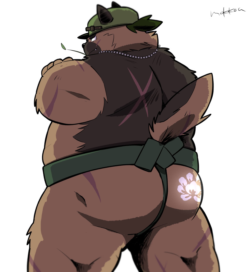 2020 anthro ass belly brown_body brown_fur canid canine canis clothing cute_fangs domestic_dog fur hat headgear headwear hi_res humanoid_hands kemono lifewonders male mammal overweight overweight_anthro overweight_male scar simple_background solo tokyo_afterschool_summoners uokkom white_background yasuyori_(tas)