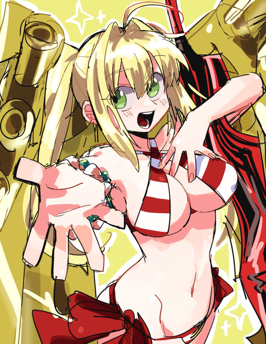 aestus_estus ahoge bikini blonde_hair blush bracelet breasts cleavage criss-cross_halter fate/grand_order fate_(series) female green_eyes hair_between_eyes halterneck highres holding holding_sword holding_weapon jewelry large_breasts long_hair nero_claudius_(fate) nero_claudius_(swimsuit_caster)_(fate) open_mouth sidelocks simple_background sling_bikini_top solo sparkle striped_bikini striped_clothes swimsuit sword twintails uotsu_(sabakou) weapon