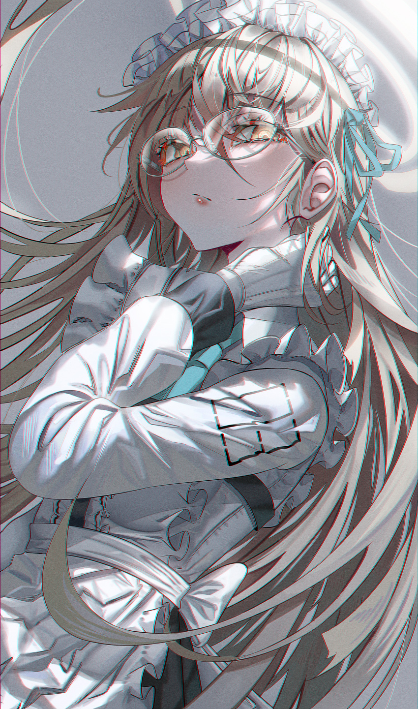 absurdres akane_(blue_archive) apron blonde_hair blue_archive blue_necktie blue_ribbon closed_mouth commentary_request female glasses gloves hair_between_eyes hair_ribbon hand_up highres long_hair long_sleeves looking_at_viewer maid_headdress necktie noubin ribbon round_teeth shirt solo teeth very_long_hair white_apron white_gloves white_shirt yellow_eyes