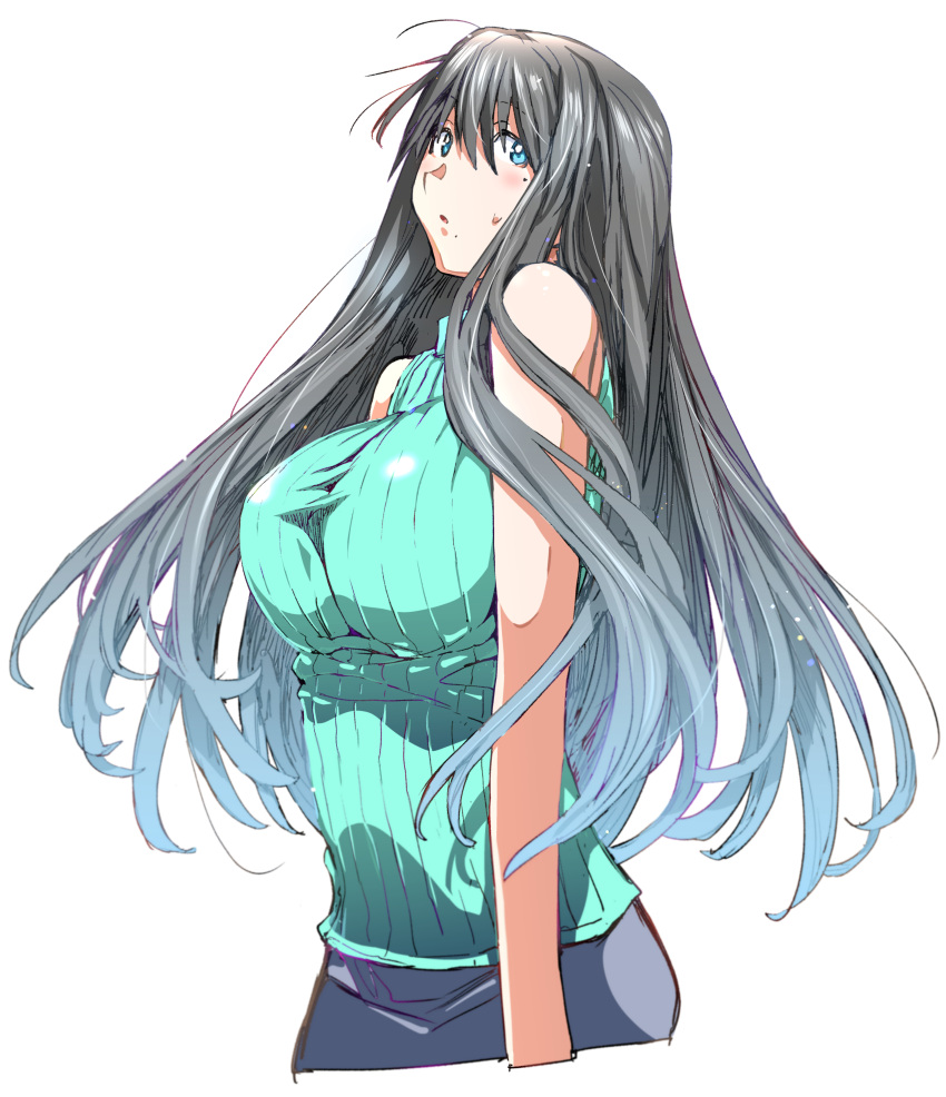 absurdres black_hair blue_eyes blush breasts commentary_request denim embarrassed female genshiken highres jeans kio_shimoku large_breasts long_hair looking_at_viewer mole official_art official_style ohno_kanako pants promotional_art sweat white_background