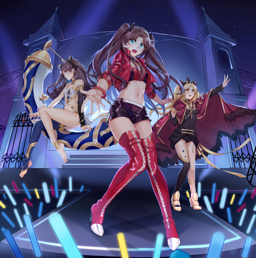 3girls \||/ absurdres aer_(tengqiu) bare_shoulders belt black_dress black_shorts black_thighhighs blonde_hair blue_eyes boots bracelet breasts brown_hair building choker cloak commentary_request crop_top cropped_jacket dress ereshkigal_(fate) fate/grand_order fate_(series) feet fur-trimmed_cloak fur_trim glowstick gold_trim hair_ribbon heavenly_boat_maanna high_heel_boots high_heels highres ishtar_(fate) jacket jewelry long_hair long_legs long_sleeves looking_at_viewer looking_away midriff multiple_girls navel official_alternate_costume open_clothes open_jacket orange_eyes outstretched_arm outstretched_hand parted_bangs race_queen red_cloak red_footwear red_jacket revealing_clothes ribbon short_shorts shorts siblings single_thighhigh sisters sitting small_breasts spread_fingers stomach thigh_boots thighhighs thighs toeless_legwear tohsaka_rin tohsaka_rin_(type-moon_racing) two_side_up