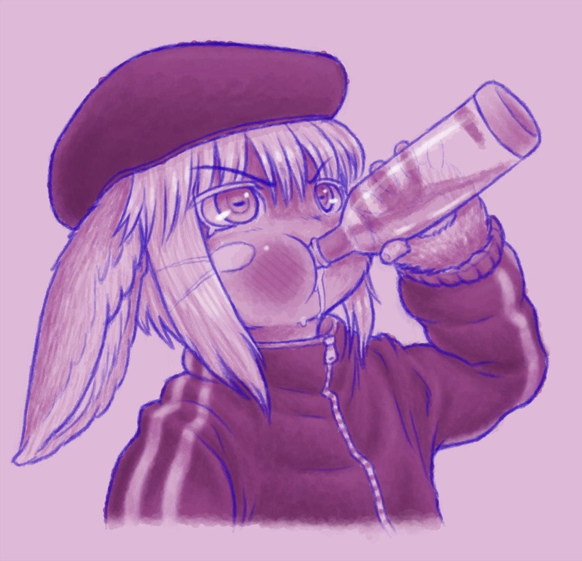 2019 alcohol ambiguous_gender anthro beverage body_fur buneposter bust_portrait chugging clothing drinking fur gopnik hair hat headgear headwear hi_res horizontal_pupils made_in_abyss mammal monochrome nanachi narehate pink_background portrait pupils purple_theme russia russian short_hair simple_background slavic solo tracksuit vodka whiskers white_hair