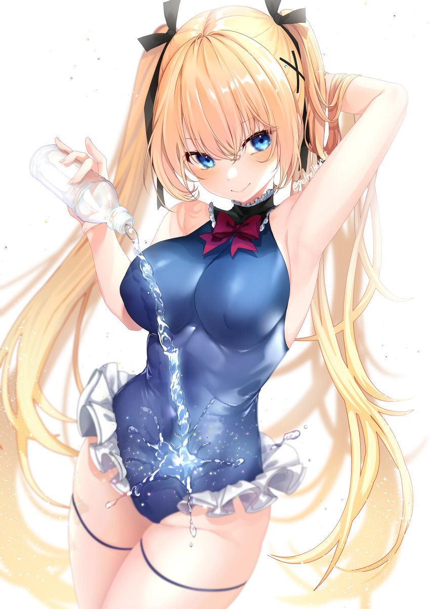 absurdres arm_up armpits azur_lane black_ribbon blonde_hair blue_eyes blue_one-piece_swimsuit bottle bow bowtie breasts cowboy_shot dead_or_alive dead_or_alive_5 female frilled_one-piece_swimsuit frills hair_ornament hair_ribbon highres holding holding_bottle large_breasts long_hair looking_at_viewer marie_rose marie_rose_(devilish_servant_against_the_splashing_waves) one-piece_swimsuit pouring pouring_onto_self red_bow red_bowtie ribbon simple_background solo swimsuit teltelhousi twintails very_long_hair water water_bottle white_background x_hair_ornament