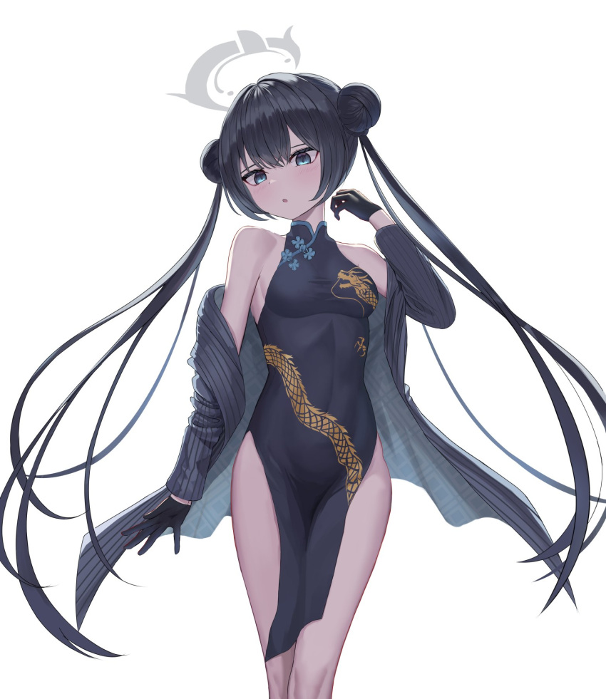 bare_shoulders black_dress black_gloves black_hair black_jacket blue_archive blue_eyes breasts china_dress chinese_clothes covered_navel doggo34476335 double_bun dragon_print dress female gloves hair_bun halo hand_up highres jacket kisaki_(blue_archive) long_hair long_sleeves looking_at_viewer medium_breasts no_panties off_shoulder open_clothes open_jacket parted_lips pelvic_curtain print_dress simple_background sleeveless sleeveless_dress solo striped_clothes striped_jacket taut_clothes taut_dress thighs twintails very_long_hair white_background